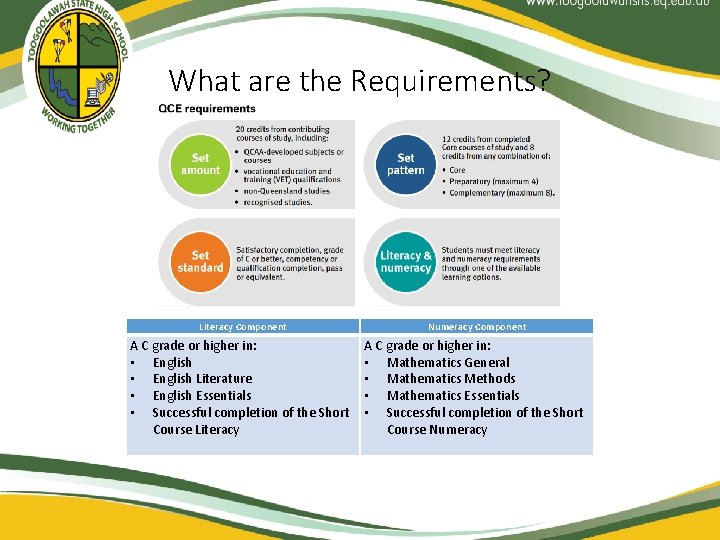 What are the Requirements? Literacy Component A C grade or higher in: • English