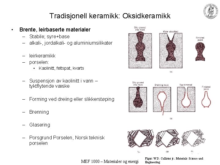 Tradisjonell keramikk: Oksidkeramikk • Brente, leirbaserte materialer – Stabile; syre+base – alkali-, jordalkali- og