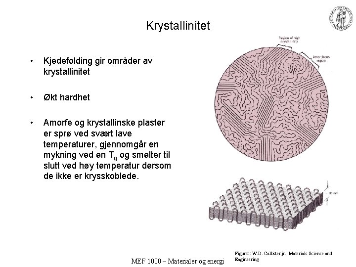 Krystallinitet • Kjedefolding gir områder av krystallinitet • Økt hardhet • Amorfe og krystallinske