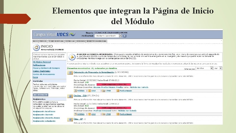 Elementos que integran la Página de Inicio del Módulo 