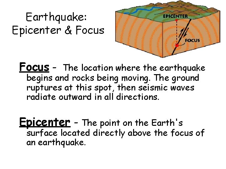 Earthquake: Epicenter & Focus - The location where the earthquake begins and rocks being