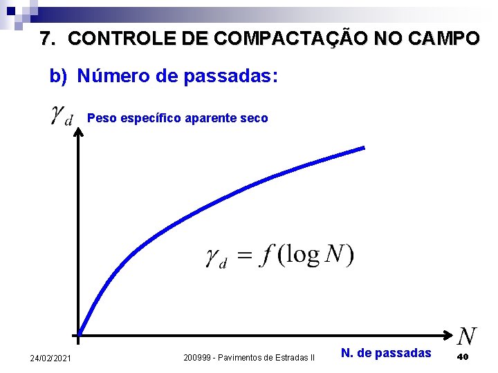 7. CONTROLE DE COMPACTAÇÃO NO CAMPO b) Número de passadas: Peso específico aparente seco