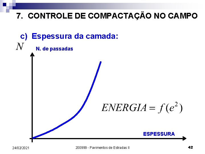 7. CONTROLE DE COMPACTAÇÃO NO CAMPO c) Espessura da camada: N. de passadas ESPESSURA