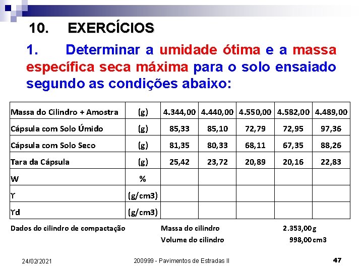 10. EXERCÍCIOS 1. Determinar a umidade ótima e a massa específica seca máxima para