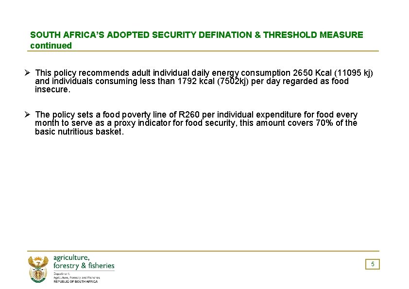 SOUTH AFRICA’S ADOPTED SECURITY DEFINATION & THRESHOLD MEASURE continued Ø This policy recommends adult