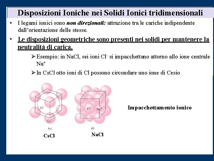 Disposizioni Ioniche nei Solidi Ionici tridimensionali • I legami ionici sono non direzionali: attrazione