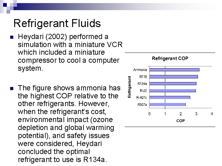 Refrigerant Fluids n Heydari (2002) performed a simulation with a miniature VCR which included