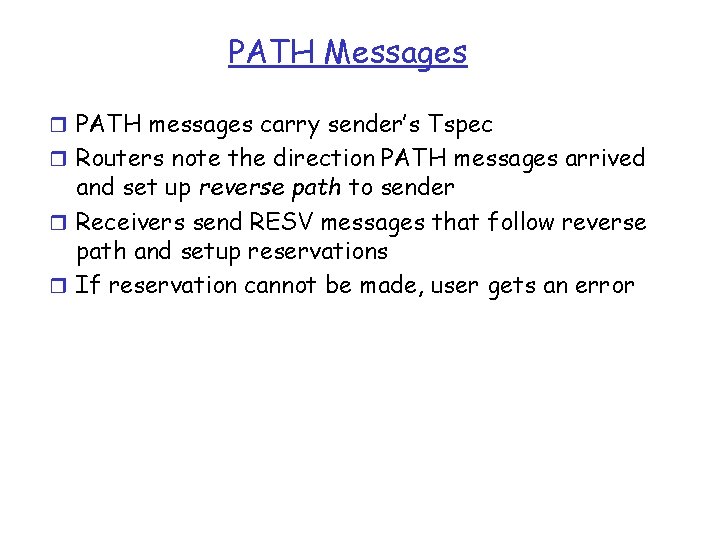 PATH Messages r PATH messages carry sender’s Tspec r Routers note the direction PATH