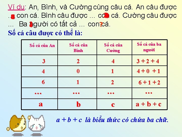 Ví dụ: An, Bình, và Cường cùng câu cá. An câu được 2 b