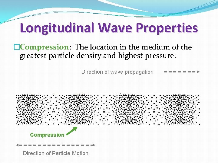 Longitudinal Wave Properties �Compression: The location in the medium of the greatest particle density