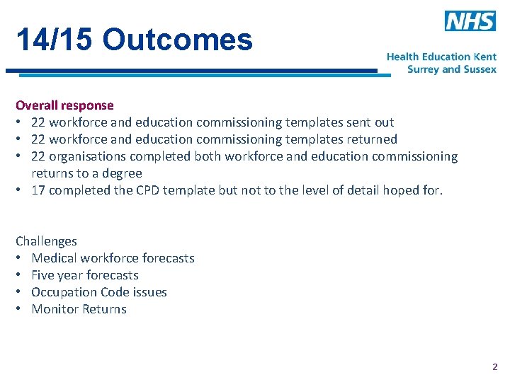 14/15 Outcomes Overall response • 22 workforce and education commissioning templates sent out •