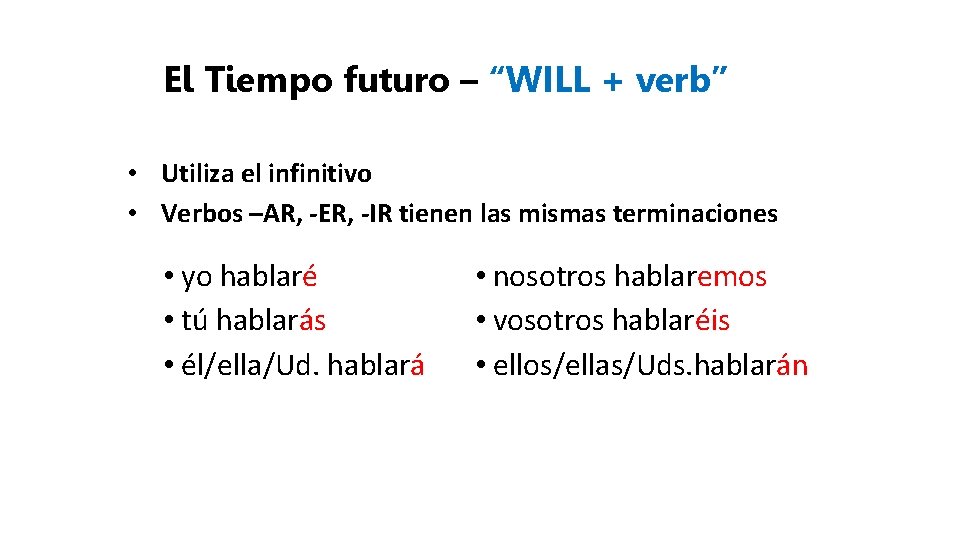 El Tiempo futuro – “WILL + verb” • Utiliza el infinitivo • Verbos –AR,