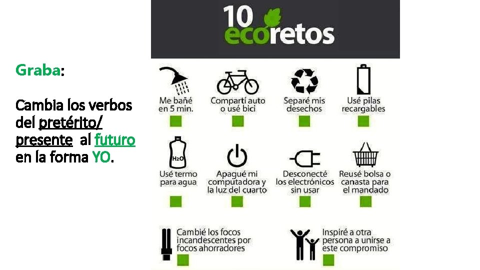 Graba: Cambia los verbos del pretérito/ presente al futuro en la forma YO. 
