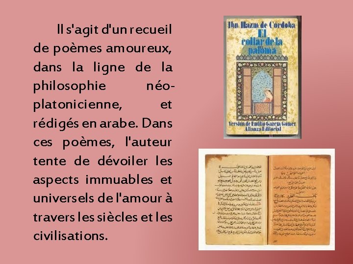 Il s'agit d'un recueil de poèmes amoureux, dans la ligne de la philosophie néoplatonicienne,