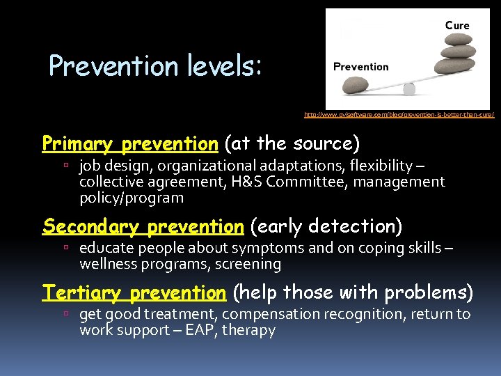 Prevention levels: http: //www. pvisoftware. com/blog/prevention-is-better-than-cure/ Primary prevention (at the source) job design, organizational