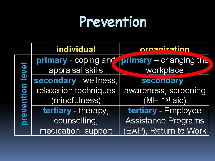 prevention level Prevention individual primary - coping and appraisal skills secondary - wellness, relaxation