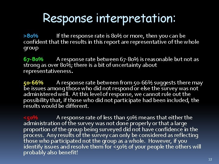 Response interpretation: >80% If the response rate is 80% or more, then you can