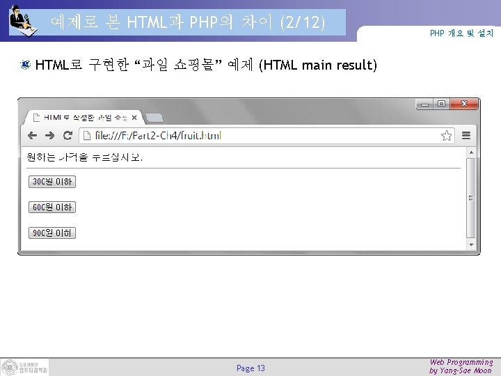 예제로 본 HTML과 PHP의 차이 (2/12) PHP 개요 및 설치 HTML로 구현한 “과일 쇼핑몰” 예제로 본 HTML과 PHP의 차이 (2/12) PHP 개요 및 설치 HTML로 구현한 “과일 쇼핑몰”