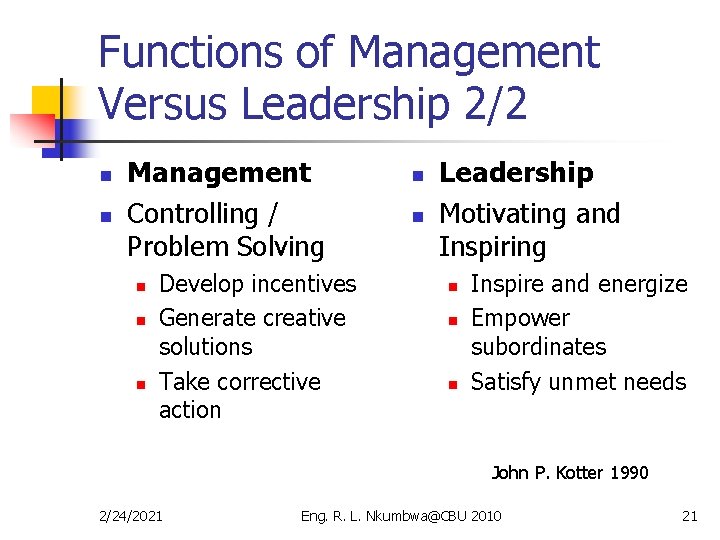 Functions of Management Versus Leadership 2/2 n n Management Controlling / Problem Solving n