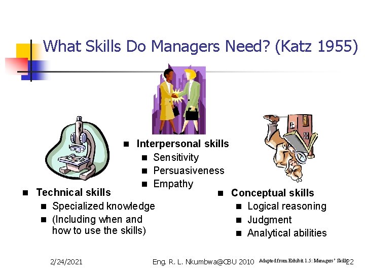 What Skills Do Managers Need? (Katz 1955) n Interpersonal skills n Sensitivity n Persuasiveness