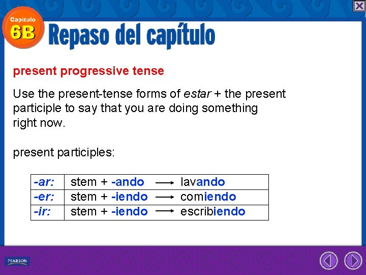 present progressive tense Use the present-tense forms of estar + the present participle to