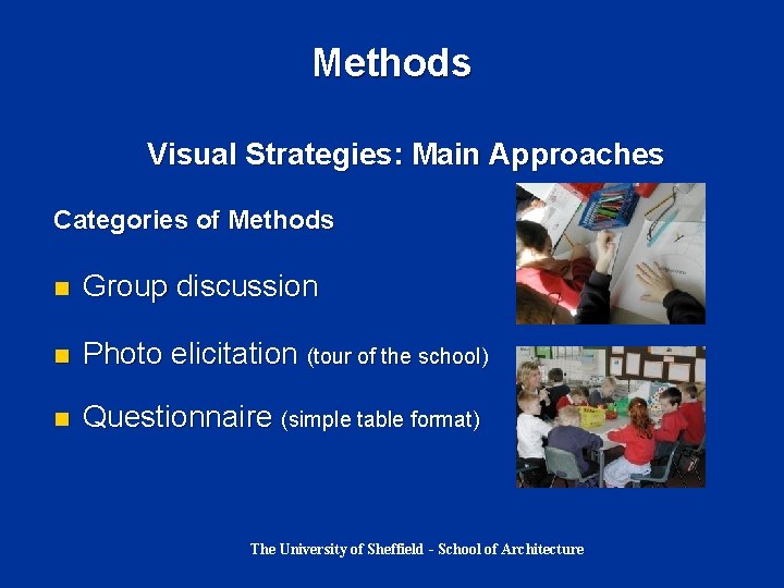 Methods Visual Strategies: Main Approaches Categories of Methods n Group discussion n Photo elicitation Methods Visual Strategies: Main Approaches Categories of Methods n Group discussion n Photo elicitation