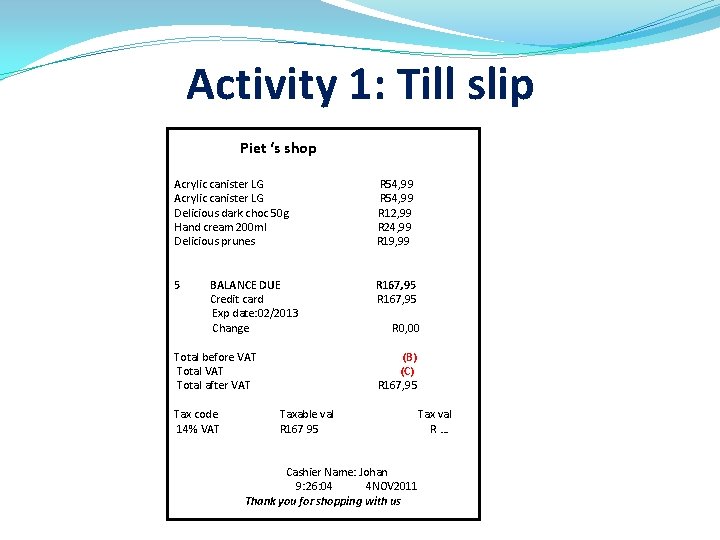 Activity 1: Till slip Piet ‘s shop Acrylic canister LG R 54, 99 Delicious
