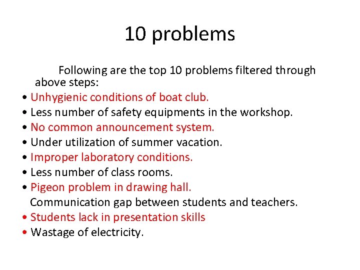 10 problems Following are the top 10 problems filtered through above steps: • Unhygienic