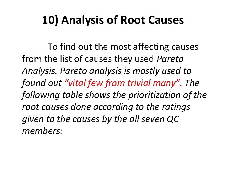 10) Analysis of Root Causes To find out the most affecting causes from the