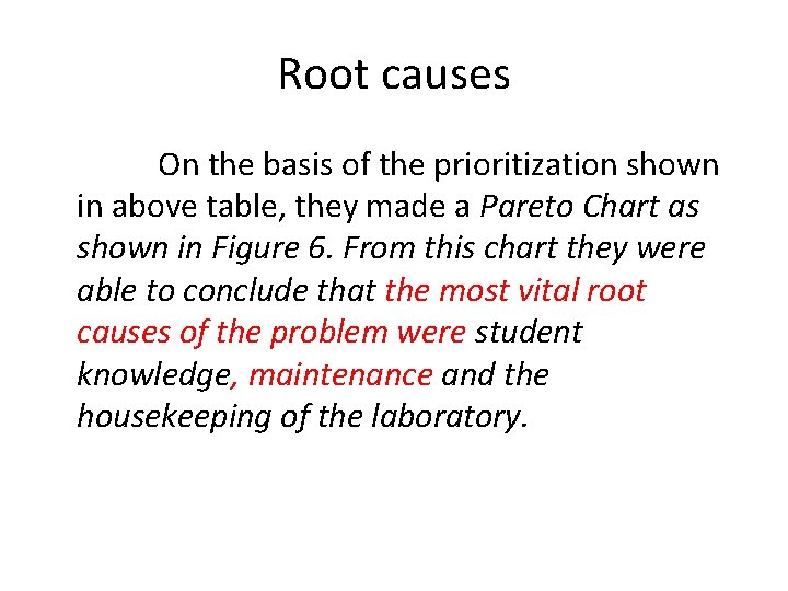 Root causes On the basis of the prioritization shown in above table, they made