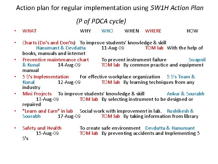 Action plan for regular implementation using 5 W 1 H Action Plan (P of