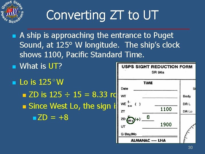 Converting ZT to UT n A ship is approaching the entrance to Puget Sound,