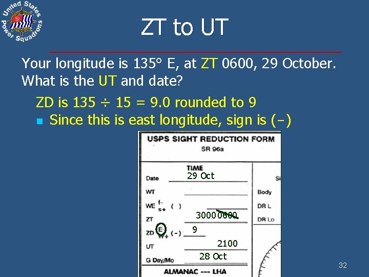 ZT to UT Your longitude is 135° E, at ZT 0600, 29 October. What