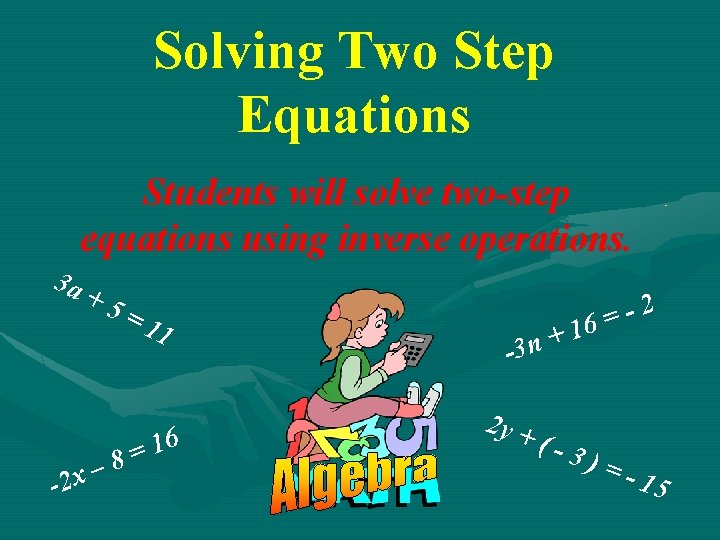 Solving Two Step Equations Students will solve two-step equations using inverse operations. 3 a