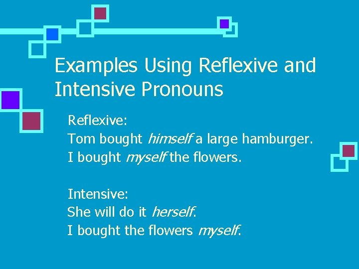Examples Using Reflexive and Intensive Pronouns n Reflexive: Tom bought himself a large hamburger.