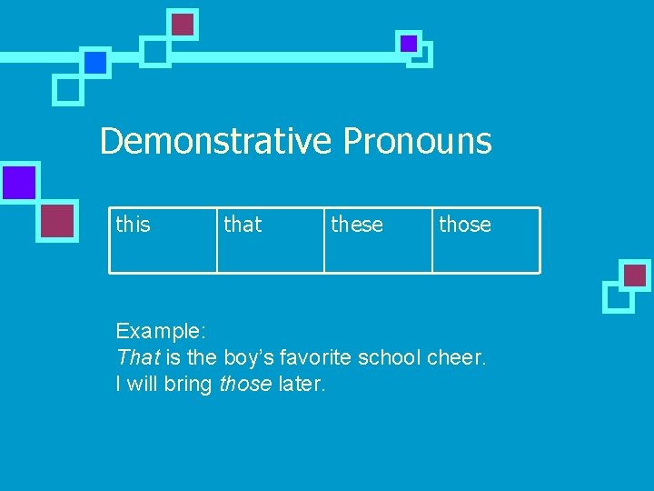 Demonstrative Pronouns this that these those Example: That is the boy’s favorite school cheer.