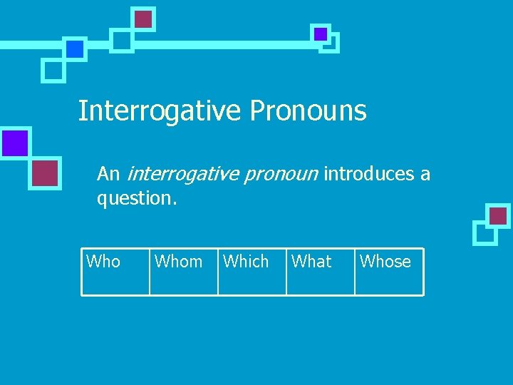 Interrogative Pronouns n An interrogative pronoun introduces a question. Whom Which What Whose 