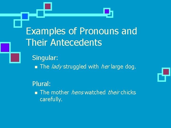 Examples of Pronouns and Their Antecedents n Singular: n n The lady struggled with