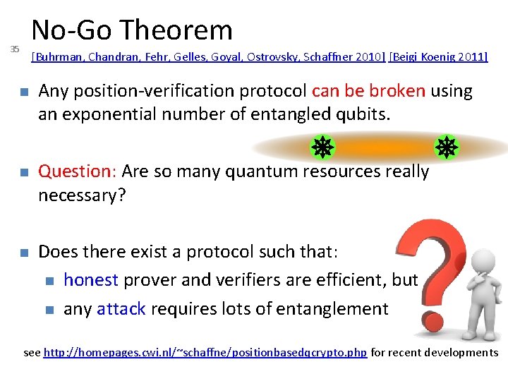 No-Go Theorem 35 [Buhrman, Chandran, Fehr, Gelles, Goyal, Ostrovsky, Schaffner 2010] [Beigi Koenig 2011]