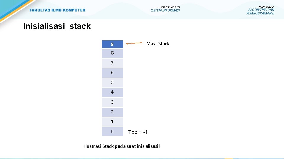 PROGRAM STUDI SISTEM INFORMASI Inisialisasi stack 9 Max_Stack 8 7 6 5 4 3 PROGRAM STUDI SISTEM INFORMASI Inisialisasi stack 9 Max_Stack 8 7 6 5 4 3