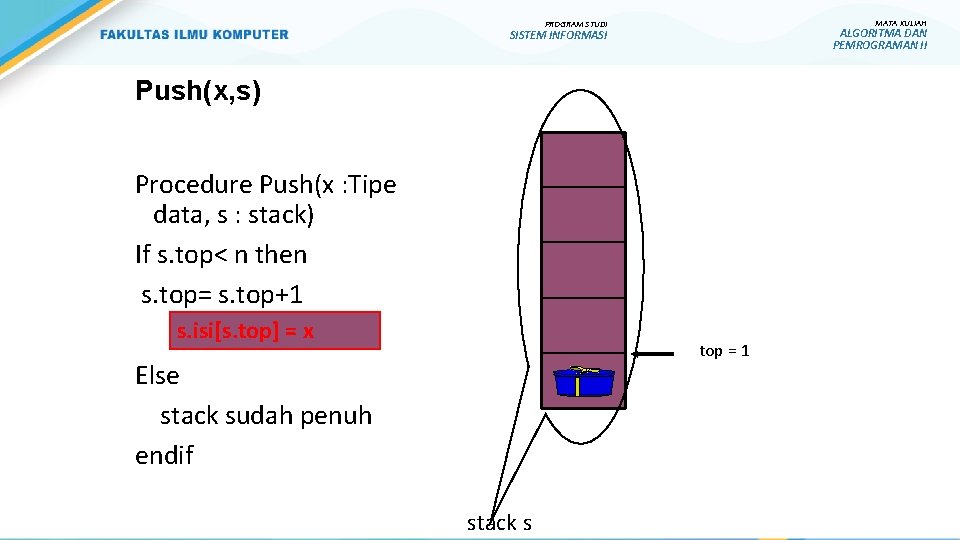 MATA KULIAH PROGRAM STUDI ALGORITMA DAN PEMROGRAMAN II SISTEM INFORMASI Push(x, s) Procedure Push(x MATA KULIAH PROGRAM STUDI ALGORITMA DAN PEMROGRAMAN II SISTEM INFORMASI Push(x, s) Procedure Push(x