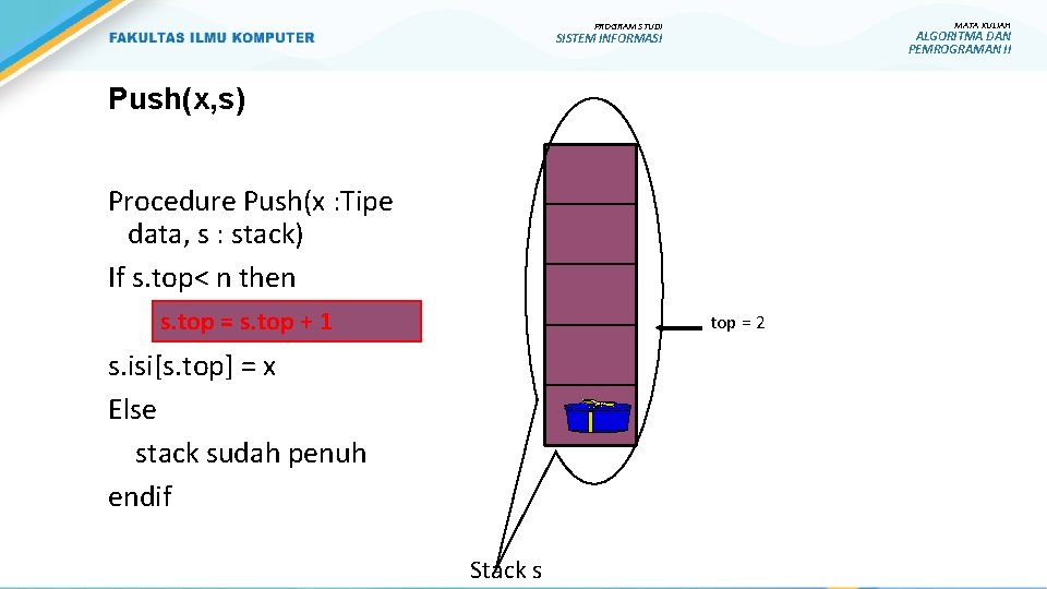 MATA KULIAH PROGRAM STUDI ALGORITMA DAN PEMROGRAMAN II SISTEM INFORMASI Push(x, s) Procedure Push(x MATA KULIAH PROGRAM STUDI ALGORITMA DAN PEMROGRAMAN II SISTEM INFORMASI Push(x, s) Procedure Push(x