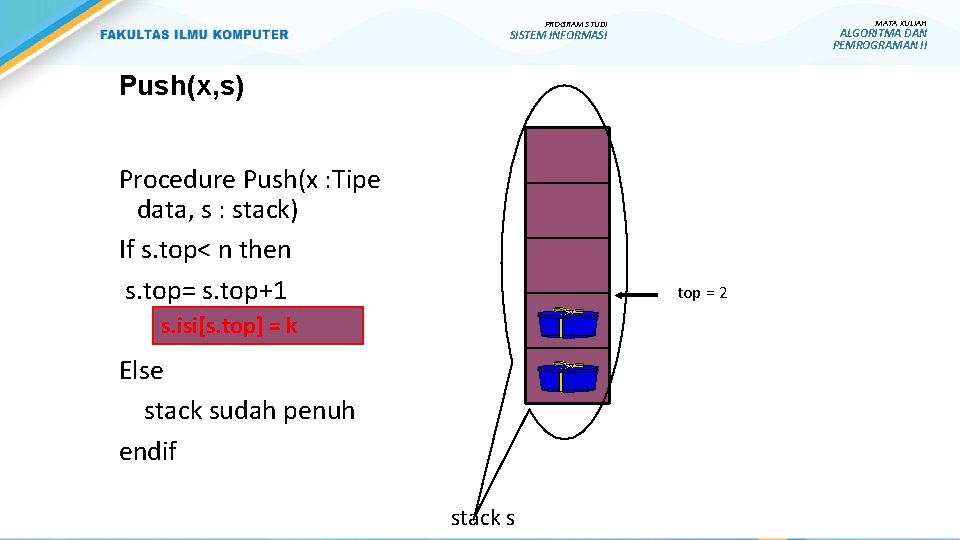MATA KULIAH PROGRAM STUDI ALGORITMA DAN PEMROGRAMAN II SISTEM INFORMASI Push(x, s) Procedure Push(x MATA KULIAH PROGRAM STUDI ALGORITMA DAN PEMROGRAMAN II SISTEM INFORMASI Push(x, s) Procedure Push(x