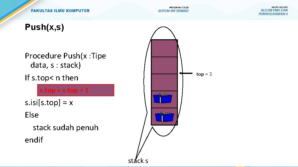 MATA KULIAH PROGRAM STUDI ALGORITMA DAN PEMROGRAMAN II SISTEM INFORMASI Push(x, s) Procedure Push(x MATA KULIAH PROGRAM STUDI ALGORITMA DAN PEMROGRAMAN II SISTEM INFORMASI Push(x, s) Procedure Push(x