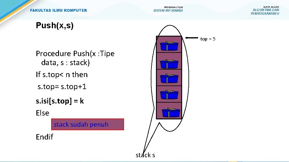 MATA KULIAH PROGRAM STUDI ALGORITMA DAN PEMROGRAMAN II SISTEM INFORMASI Push(x, s) top = MATA KULIAH PROGRAM STUDI ALGORITMA DAN PEMROGRAMAN II SISTEM INFORMASI Push(x, s) top =