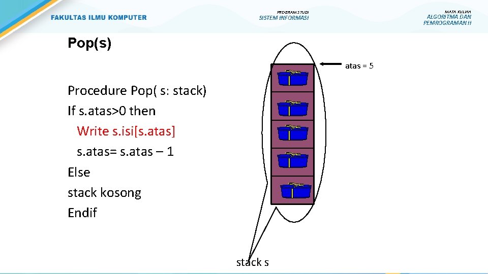 MATA KULIAH PROGRAM STUDI ALGORITMA DAN PEMROGRAMAN II SISTEM INFORMASI Pop(s) atas = 5 MATA KULIAH PROGRAM STUDI ALGORITMA DAN PEMROGRAMAN II SISTEM INFORMASI Pop(s) atas = 5