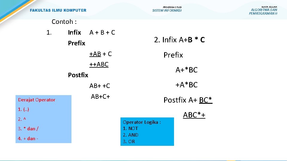 PROGRAM STUDI SISTEM INFORMASI Contoh : 1. Infix A + B + C Prefix PROGRAM STUDI SISTEM INFORMASI Contoh : 1. Infix A + B + C Prefix