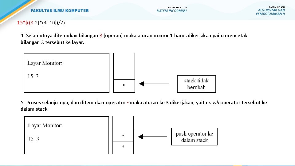 PROGRAM STUDI SISTEM INFORMASI MATA KULIAH ALGORITMA DAN PEMROGRAMAN II 15*(((3 -2)*(4+10))/7) 4. Selanjutnya PROGRAM STUDI SISTEM INFORMASI MATA KULIAH ALGORITMA DAN PEMROGRAMAN II 15*(((3 -2)*(4+10))/7) 4. Selanjutnya