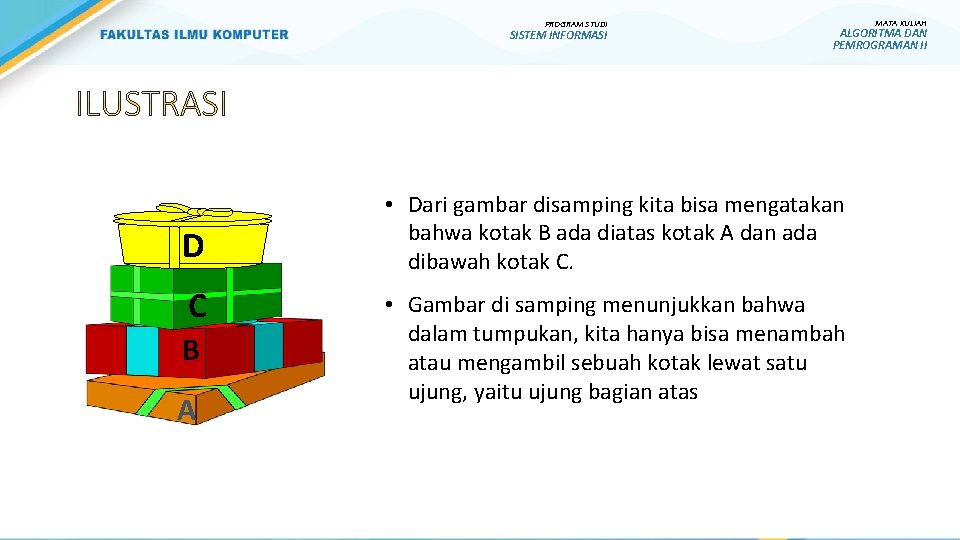 PROGRAM STUDI SISTEM INFORMASI D C B A MATA KULIAH ALGORITMA DAN PEMROGRAMAN II PROGRAM STUDI SISTEM INFORMASI D C B A MATA KULIAH ALGORITMA DAN PEMROGRAMAN II