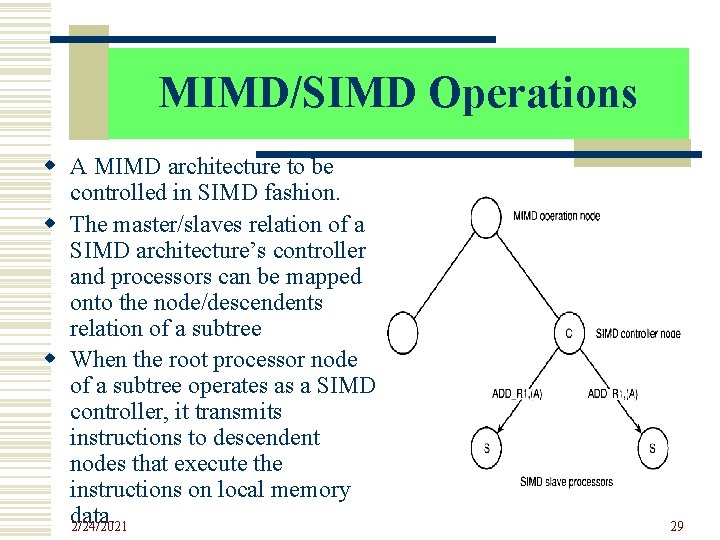 MIMD/SIMD Operations w A MIMD architecture to be controlled in SIMD fashion. w The